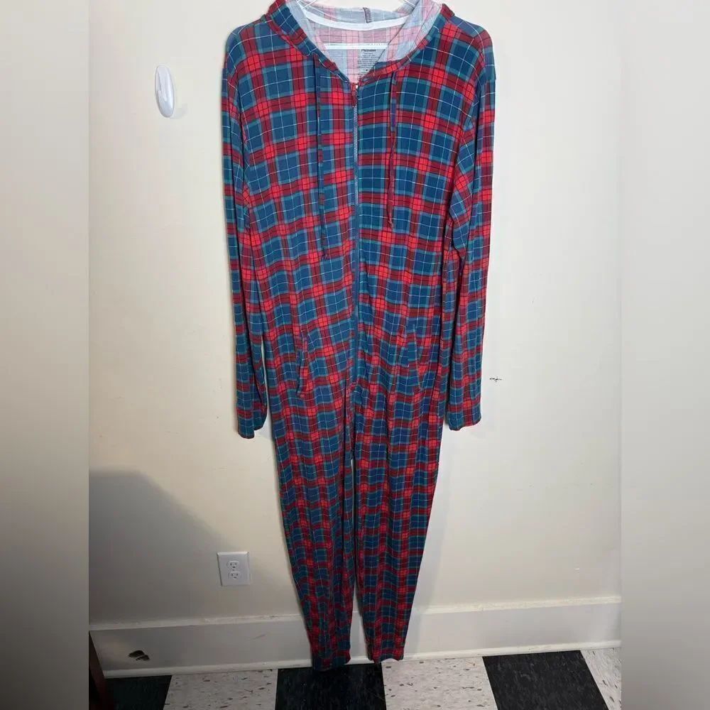 MEUNDIES Unisex M/L Plaid Checked Hooded Zip Pajama